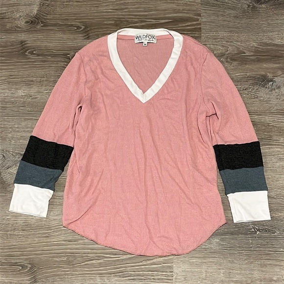 Wildfox Thermal Waffle Colorblock V Neck Shirt - Picture 1 of 3